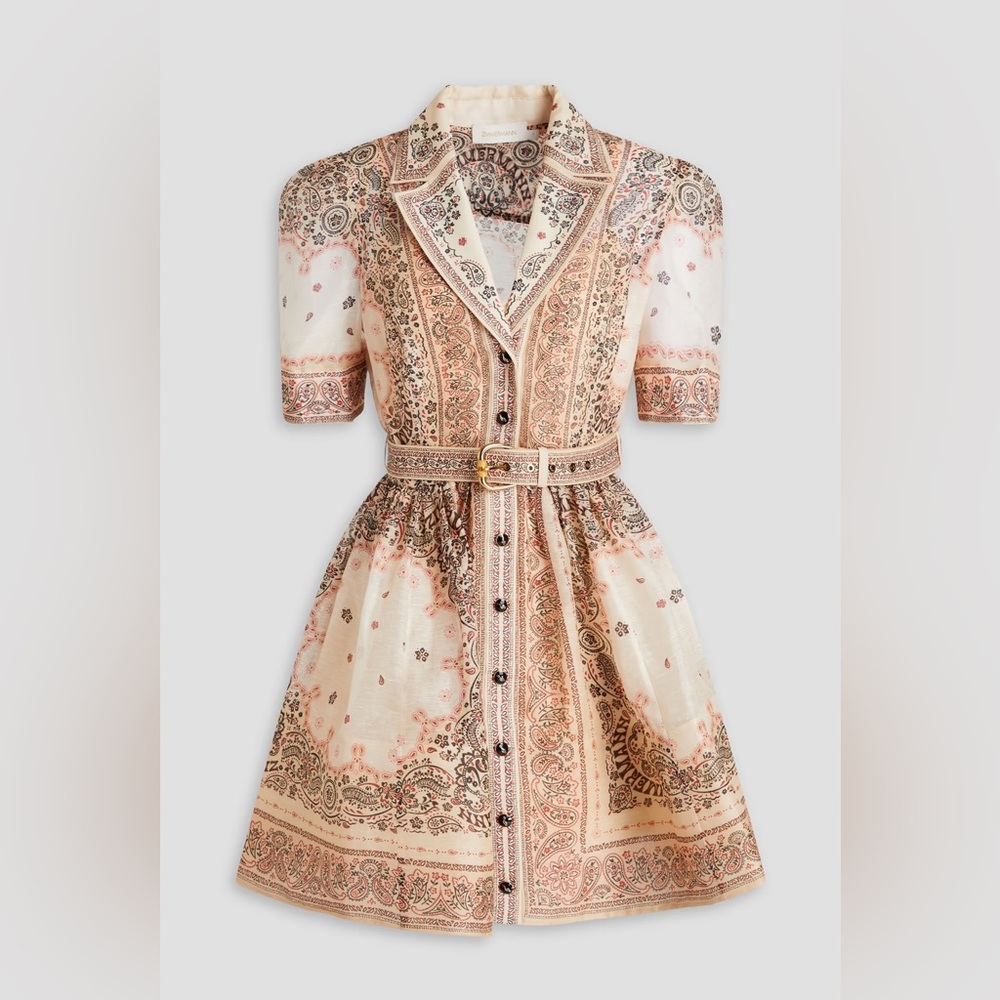 Zimmermann - Belted Paisley- print linen and silk blend mini dress- size 1